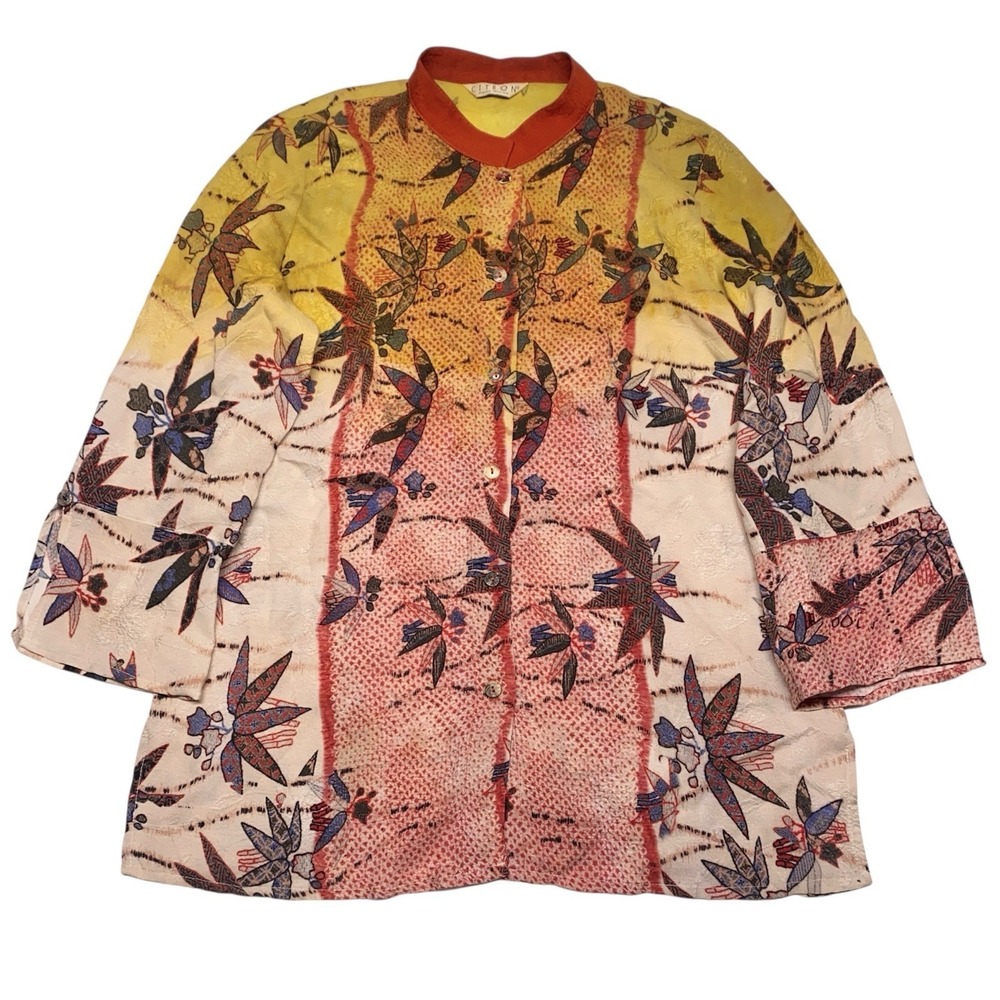 Citron Santa Monica 3/4 Sleeve Button Down Floral Leaf Blouse Boho Artsy Size M